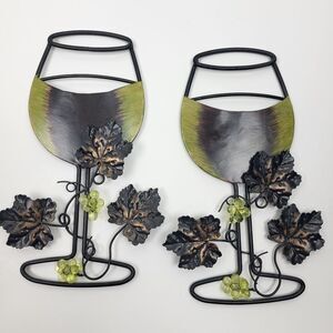 Metal Wine Glass Set, Hanging Wall Decor - Green, Black, Bronze, Leaves & Grapes